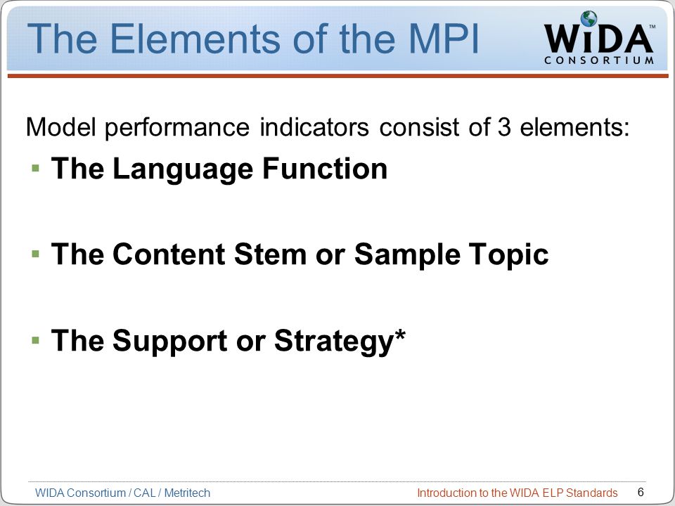 Introduction to the WIDA ELP Standards 6 WIDA Consortium / CAL / Metritech The Elements of the MPI Model performance indicators consist of 3 elements: The Language Function The Content Stem or Sample Topic The Support or Strategy*