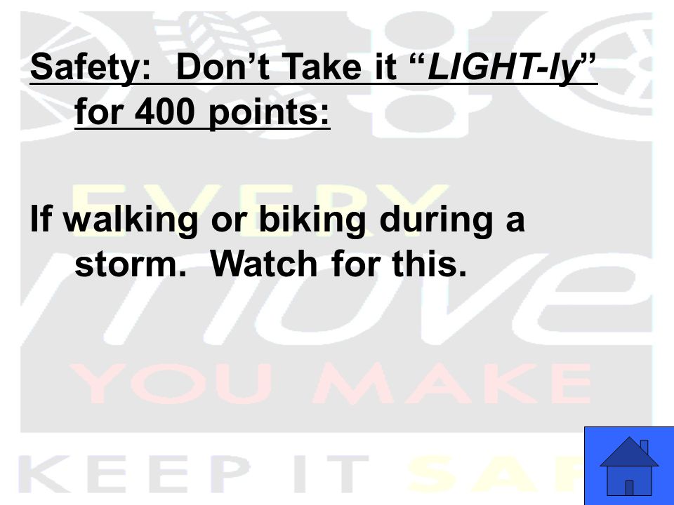 Safety: Don’t Take it LIGHT-ly for 400 points: If walking or biking during a storm.