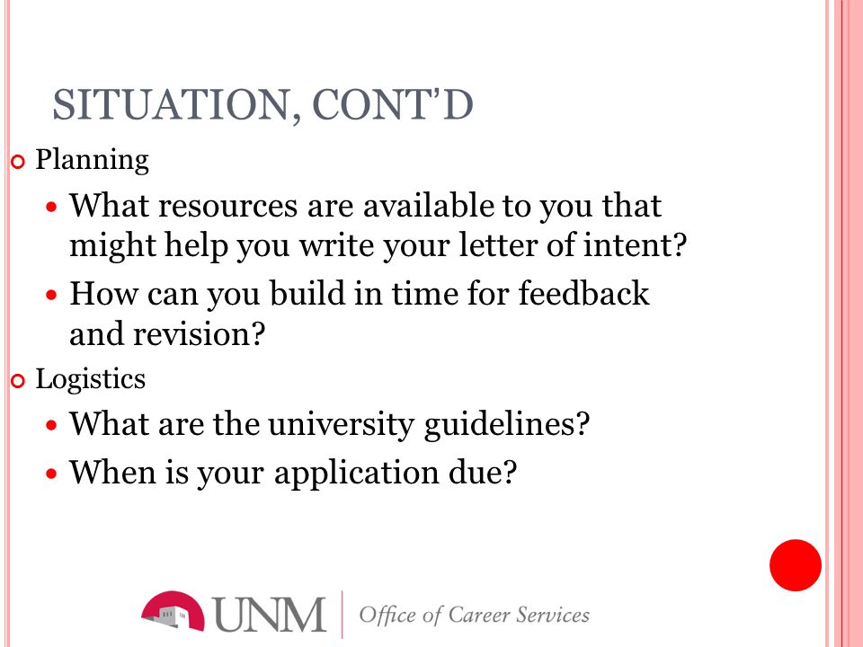 SITUATION, CONT’D Planning What resources are available to you that might help you write your letter of intent.
