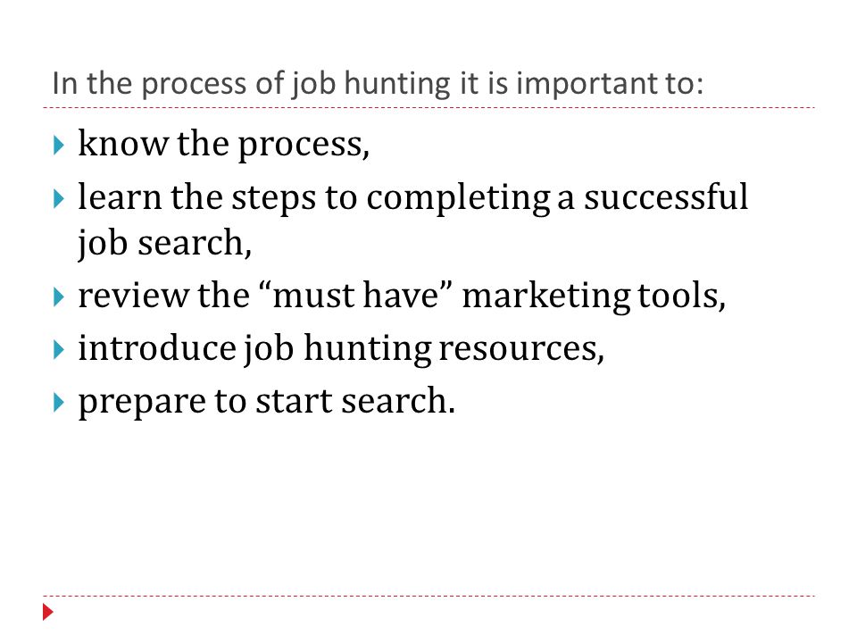 In the process of job hunting it is important to:  know the process,  learn the steps to completing a successful job search,  review the must have marketing tools,  introduce job hunting resources,  prepare to start search.