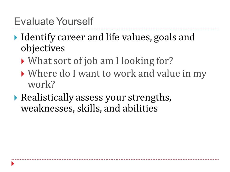 Evaluate Yourself  Identify career and life values, goals and objectives  What sort of job am I looking for.