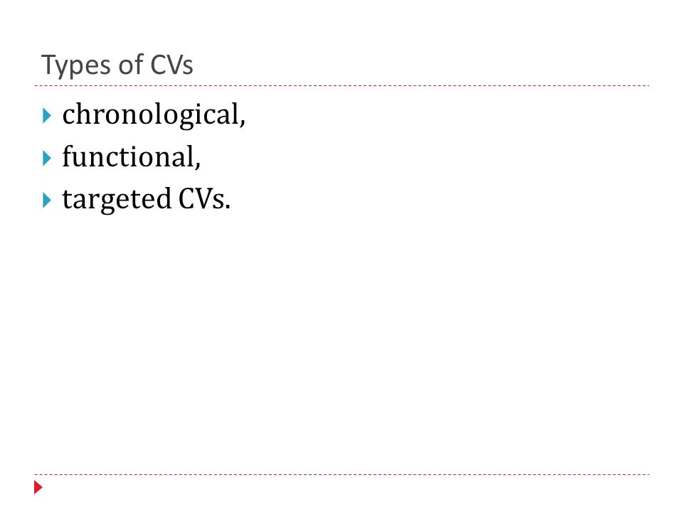 Types of CVs  chronological,  functional,  targeted CVs.