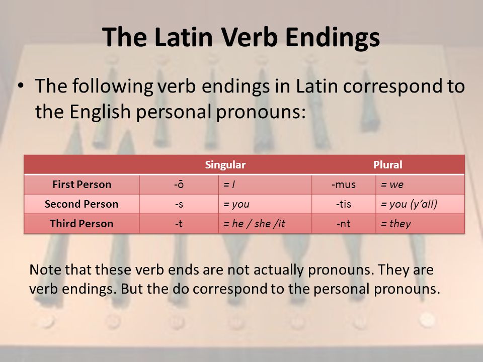 The Latin Verb Endings The following verb endings in Latin correspond to the English personal pronouns: Note that these verb ends are not actually pronouns.