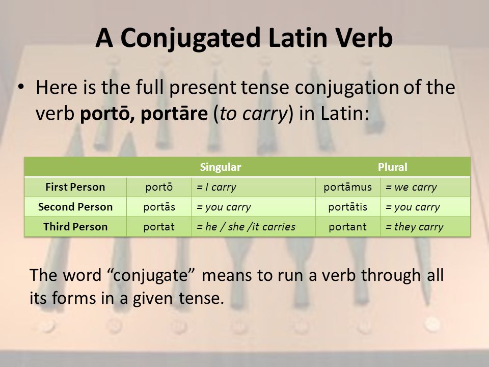 A Conjugated Latin Verb Here is the full present tense conjugation of the verb portō, portāre (to carry) in Latin: The word conjugate means to run a verb through all its forms in a given tense.