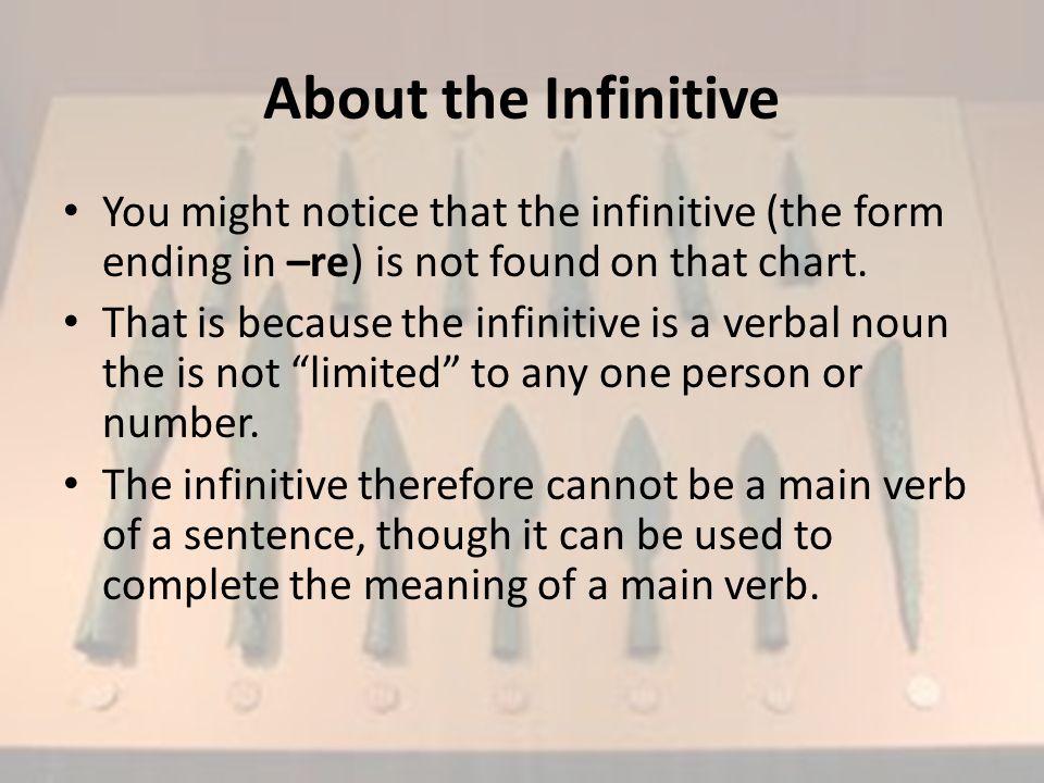 About the Infinitive You might notice that the infinitive (the form ending in –re) is not found on that chart.