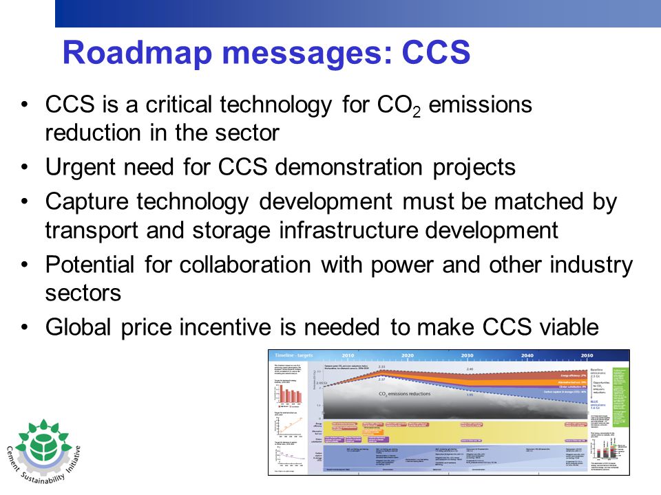 CCS is a critical technology for CO 2 emissions reduction in the sector Urgent need for CCS demonstration projects Capture technology development must be matched by transport and storage infrastructure development Potential for collaboration with power and other industry sectors Global price incentive is needed to make CCS viable Roadmap messages: CCS