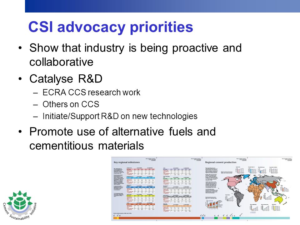 17 CSI advocacy priorities Show that industry is being proactive and collaborative Catalyse R&D –ECRA CCS research work –Others on CCS –Initiate/Support R&D on new technologies Promote use of alternative fuels and cementitious materials