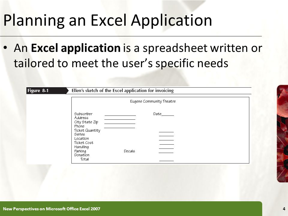 XP Planning an Excel Application An Excel application is a spreadsheet written or tailored to meet the user’s specific needs New Perspectives on Microsoft Office Excel 20074