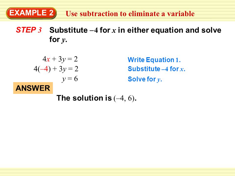 Use subtraction to eliminate a variable EXAMPLE 2 4x + 3y = 2 Write Equation 1.