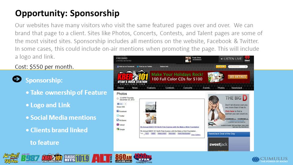 Opportunity: Sponsorship Our websites have many visitors who visit the same featured pages over and over.