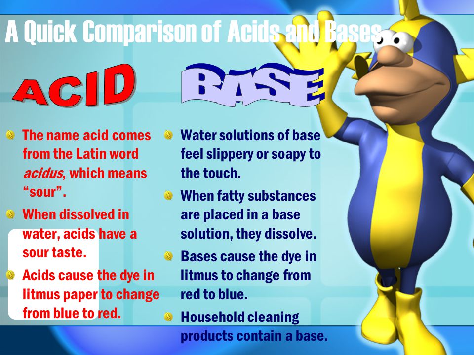 pH Scale Acids are found between 1 and 6 . Bases are from 8 to 14 .