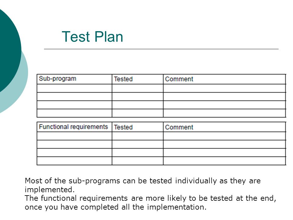 Test Plan Most of the sub-programs can be tested individually as they are implemented.