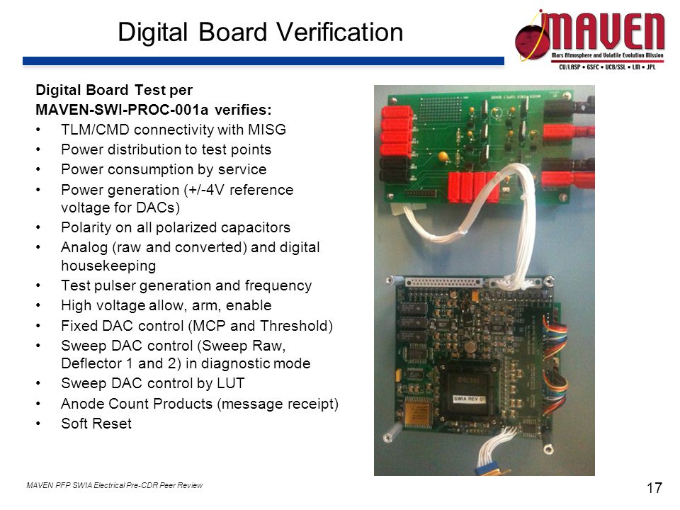 17 MAVEN PFP SWIA Electrical Pre-CDR Peer Review Digital Board Verification Digital Board Test per MAVEN-SWI-PROC-001a verifies: TLM/CMD connectivity with MISG Power distribution to test points Power consumption by service Power generation (+/-4V reference voltage for DACs) Polarity on all polarized capacitors Analog (raw and converted) and digital housekeeping Test pulser generation and frequency High voltage allow, arm, enable Fixed DAC control (MCP and Threshold) Sweep DAC control (Sweep Raw, Deflector 1 and 2) in diagnostic mode Sweep DAC control by LUT Anode Count Products (message receipt) Soft Reset