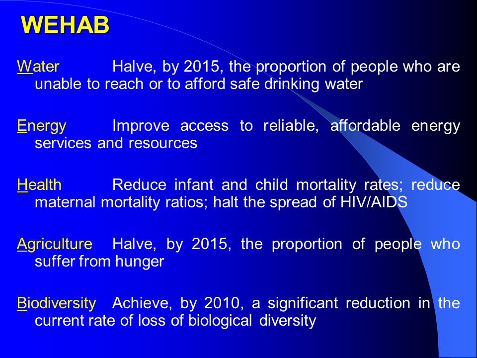 WEHAB WaterHalve, by 2015, the proportion of people who are unable to reach or to afford safe drinking water EnergyImprove access to reliable, affordable energy services and resources HealthReduce infant and child mortality rates; reduce maternal mortality ratios; halt the spread of HIV/AIDS AgricultureHalve, by 2015, the proportion of people who suffer from hunger BiodiversityAchieve, by 2010, a significant reduction in the current rate of loss of biological diversity