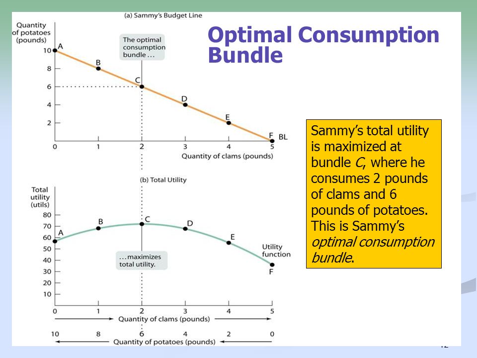 12 Optimal Consumption Bundle Sammy’s total utility is maximized at bundle C, where he consumes 2 pounds of clams and 6 pounds of potatoes.