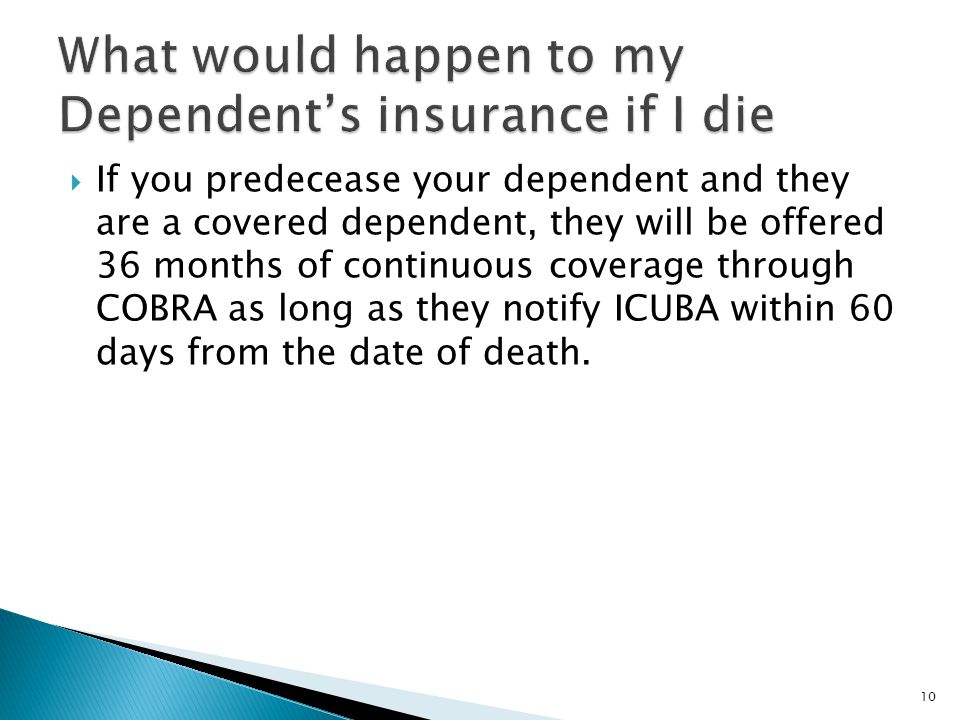  If you predecease your dependent and they are a covered dependent, they will be offered 36 months of continuous coverage through COBRA as long as they notify ICUBA within 60 days from the date of death.