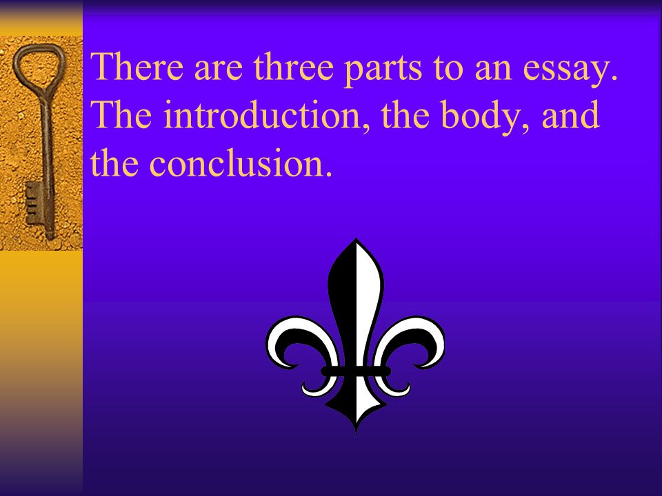 There are three parts to an essay. The introduction, the body, and the conclusion.