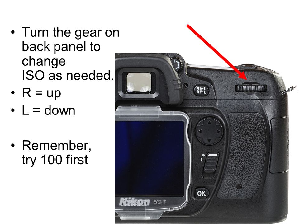 Turn the gear on back panel to change ISO as needed. R = up L = down Remember, try 100 first