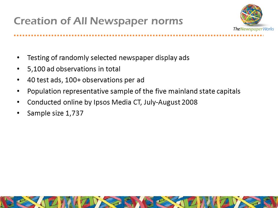 Creation of All Newspaper norms Testing of randomly selected newspaper display ads 5,100 ad observations in total 40 test ads, 100+ observations per ad Population representative sample of the five mainland state capitals Conducted online by Ipsos Media CT, July-August 2008 Sample size 1,737