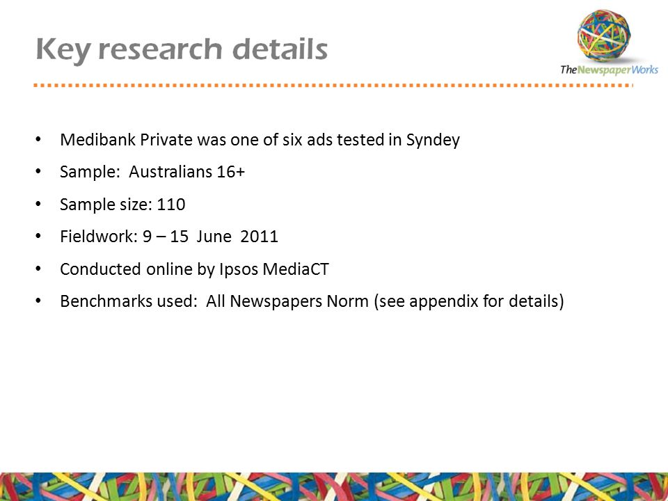 Medibank Private was one of six ads tested in Syndey Sample: Australians 16+ Sample size: 110 Fieldwork: 9 – 15 June 2011 Conducted online by Ipsos MediaCT Benchmarks used: All Newspapers Norm (see appendix for details)