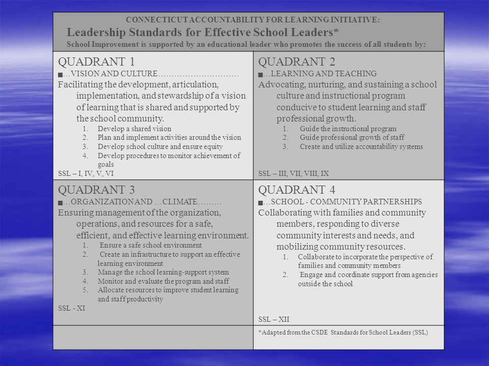 CONNECTICUT ACCOUNTABILITY FOR LEARNING INITIATIVE: Leadership Standards for Effective School Leaders* School Improvement is supported by an educational leader who promotes the success of all students by: QUADRANT 1  …VISION AND CULTURE………………………… Facilitating the development, articulation, implementation, and stewardship of a vision of learning that is shared and supported by the school community.