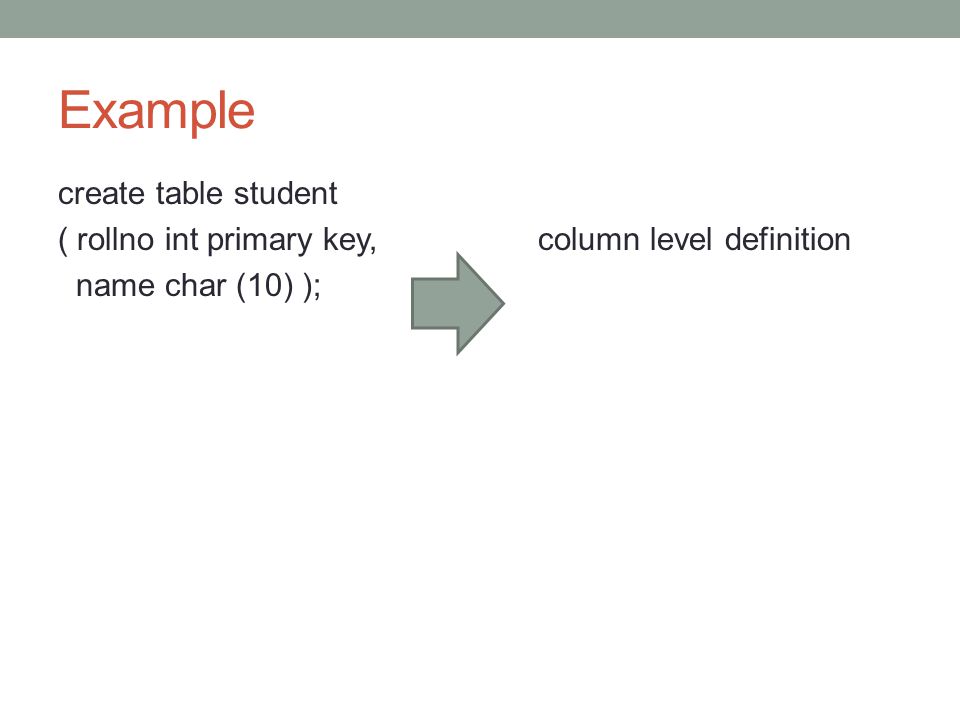 Example create table student ( rollno int primary key,column level definition name char (10) );
