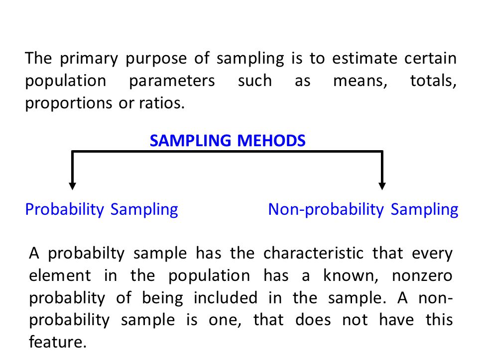 SAMPLING MEHODS The primary purpose of sampling is to estimate certain population parameters such as means, totals, proportions or ratios.