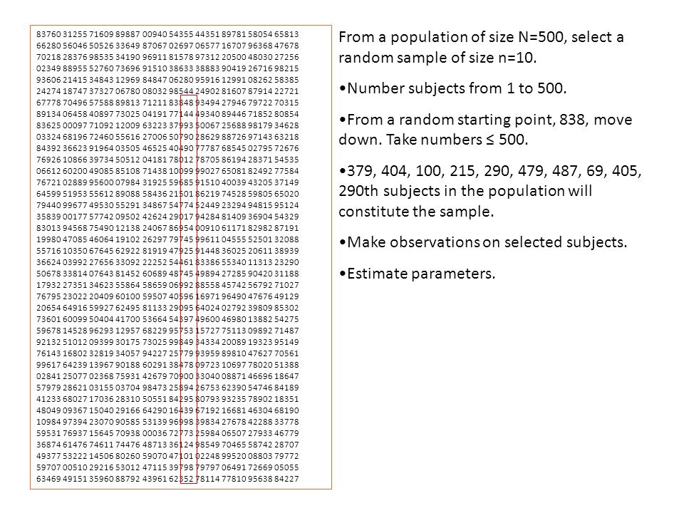 From a population of size N=500, select a random sample of size n=10.