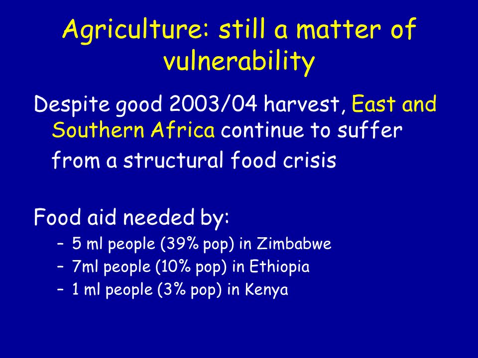 Agriculture: still a matter of vulnerability Despite good 2003/04 harvest, East and Southern Africa continue to suffer from a structural food crisis Food aid needed by: –5 ml people (39% pop) in Zimbabwe –7ml people (10% pop) in Ethiopia –1 ml people (3% pop) in Kenya