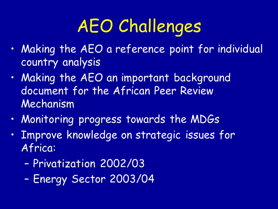 AEO Challenges Making the AEO a reference point for individual country analysis Making the AEO an important background document for the African Peer Review Mechanism Monitoring progress towards the MDGs Improve knowledge on strategic issues for Africa: –Privatization 2002/03 –Energy Sector 2003/04
