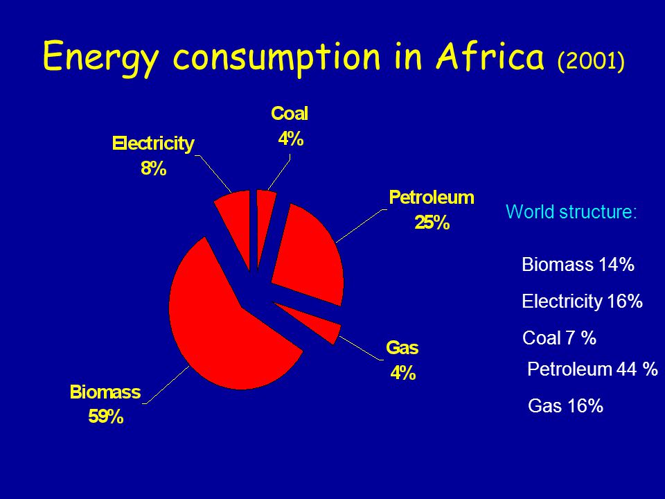 Energy consumption in Africa (2001) Coal 7 % World structure: Biomass 14% Electricity 16% Petroleum 44 % Gas 16%