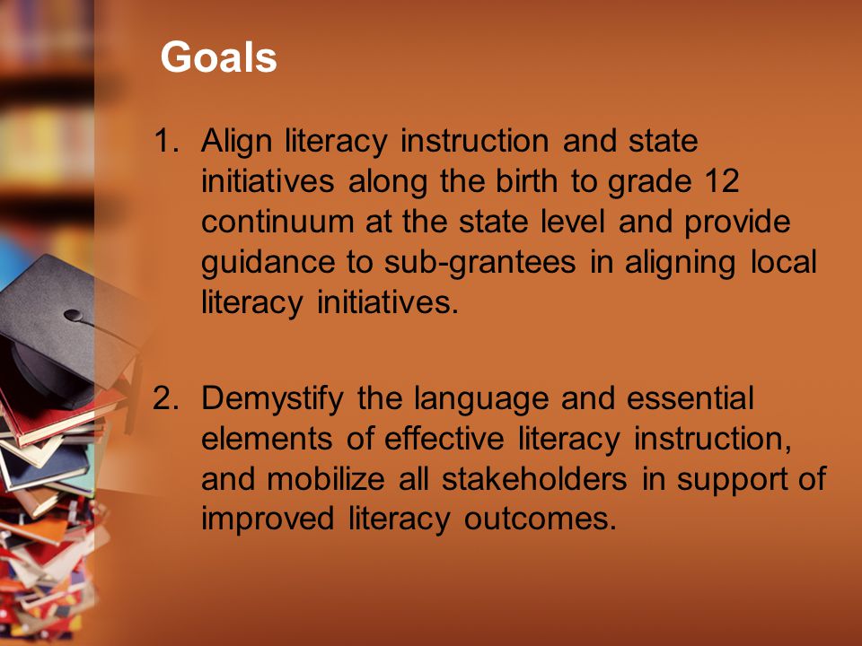 Goals 1.Align literacy instruction and state initiatives along the birth to grade 12 continuum at the state level and provide guidance to sub-grantees in aligning local literacy initiatives.