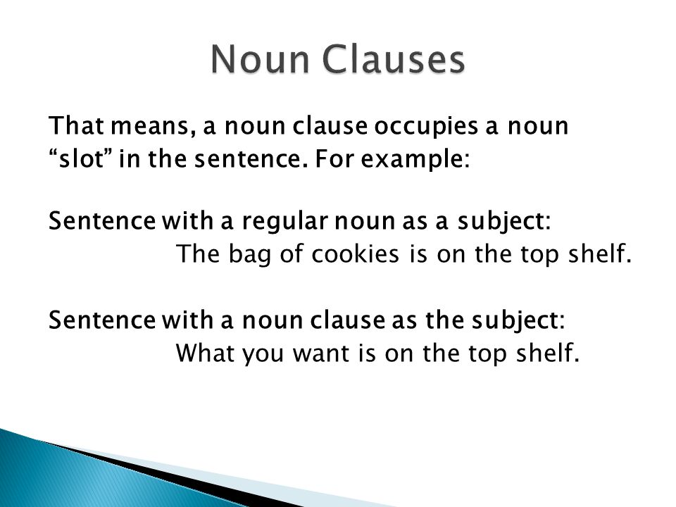 That means, a noun clause occupies a noun slot in the sentence.