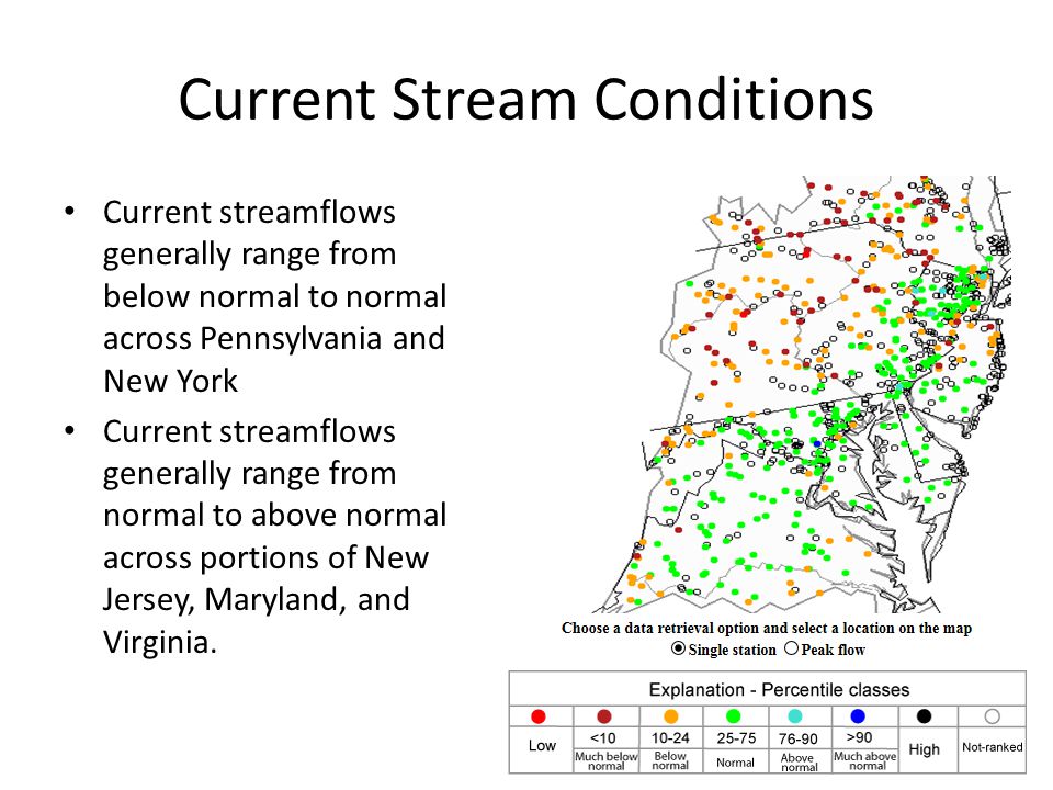 Current Stream Conditions Current streamflows generally range from below normal to normal across Pennsylvania and New York Current streamflows generally range from normal to above normal across portions of New Jersey, Maryland, and Virginia.