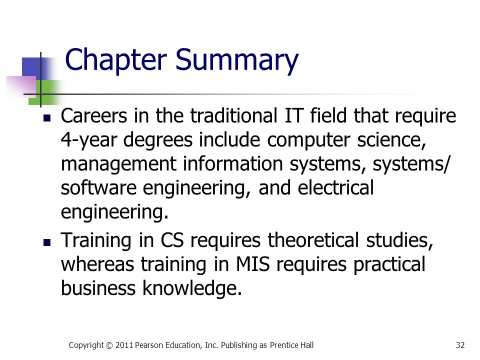 Chapter Summary Careers in the traditional IT field that require 4-year degrees include computer science, management information systems, systems/ software engineering, and electrical engineering.