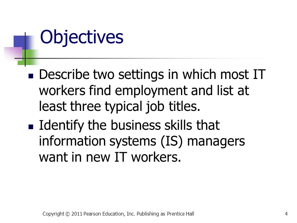 Objectives Describe two settings in which most IT workers find employment and list at least three typical job titles.