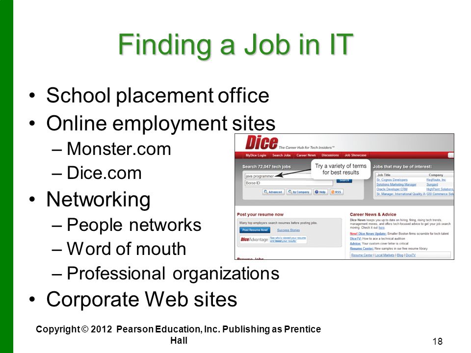 Finding a Job in IT School placement office Online employment sites – –Monster.com – –Dice.com Networking – –People networks – –Word of mouth – –Professional organizations Corporate Web sites Copyright © 2012 Pearson Education, Inc.