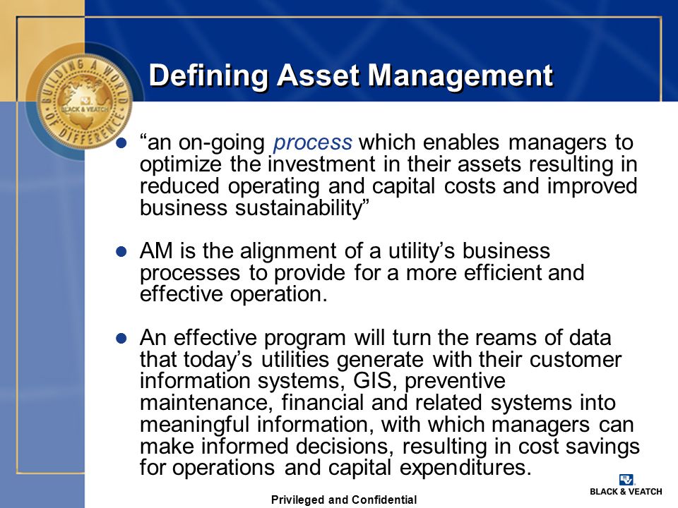 Privileged and Confidential Defining Asset Management l an on-going process which enables managers to optimize the investment in their assets resulting in reduced operating and capital costs and improved business sustainability l AM is the alignment of a utility’s business processes to provide for a more efficient and effective operation.