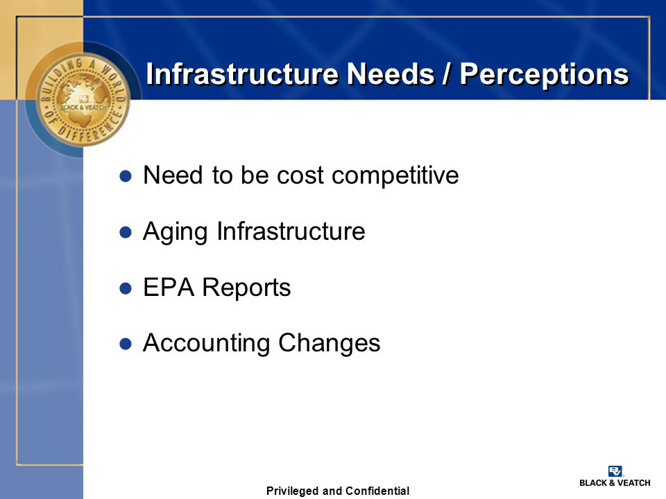 Privileged and Confidential Infrastructure Needs / Perceptions l Need to be cost competitive l Aging Infrastructure l EPA Reports l Accounting Changes