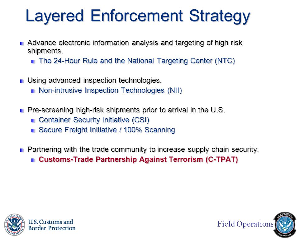 Field Operations Advance electronic information analysis and targeting of high risk shipments.