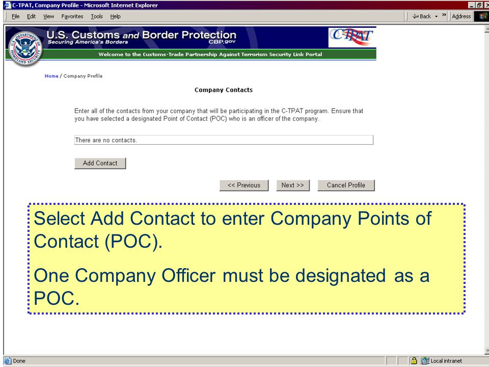 Select Add Contact to enter Company Points of Contact (POC).