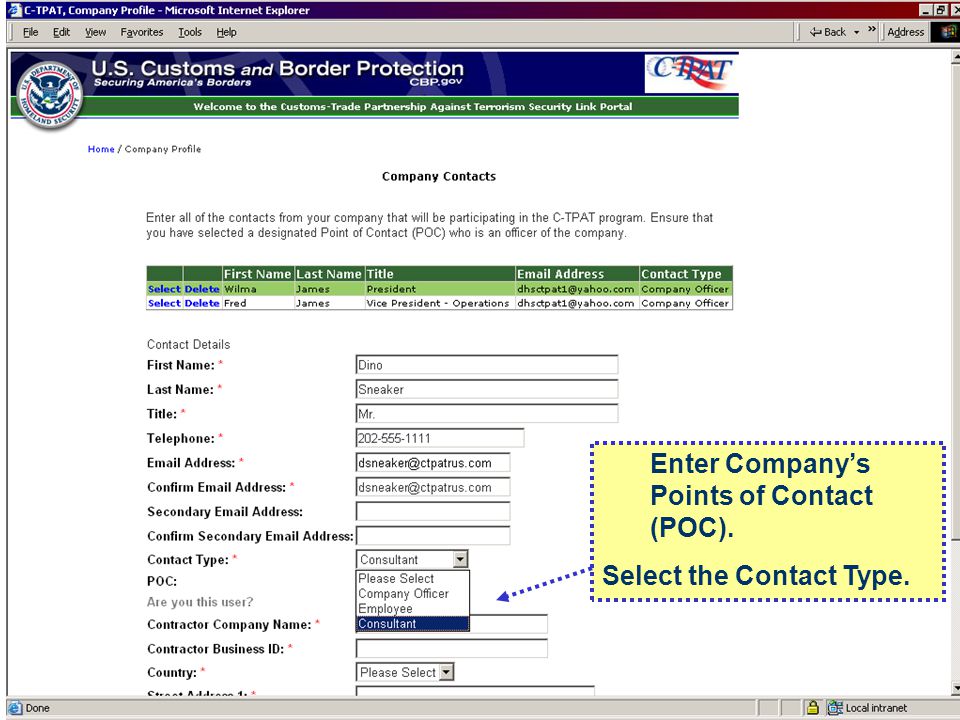 Enter Company’s Points of Contact (POC). Select the Contact Type.