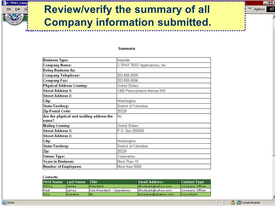 Review/verify the summary of all Company information submitted.