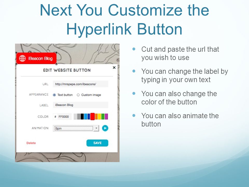 Next You Customize the Hyperlink Button Cut and paste the url that you wish to use You can change the label by typing in your own text You can also change the color of the button You can also animate the button