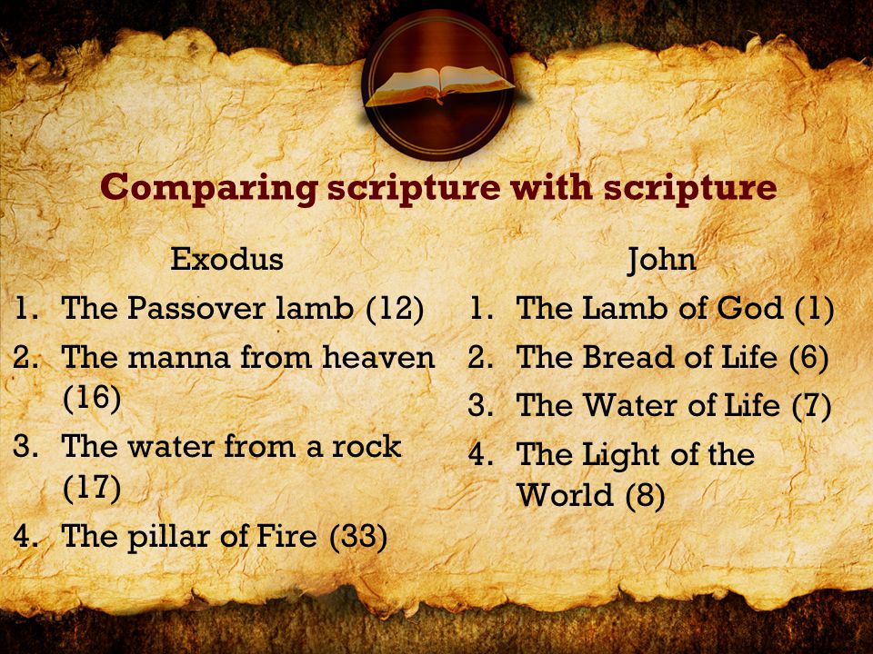 Comparing scripture with scripture Exodus 1.The Passover lamb (12) 2.The manna from heaven (16) 3.The water from a rock (17) 4.The pillar of Fire (33) John 1.The Lamb of God (1) 2.The Bread of Life (6) 3.The Water of Life (7) 4.The Light of the World (8)