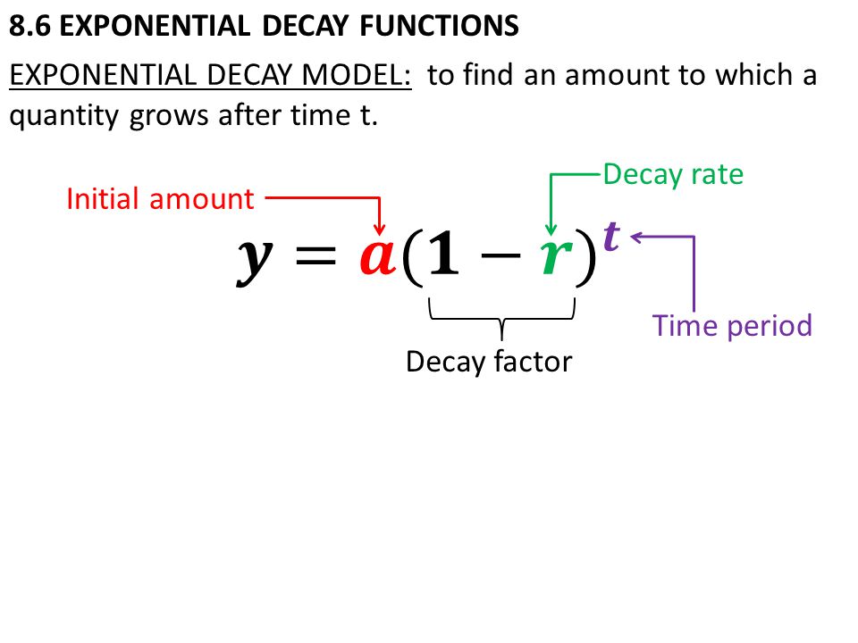 8.6 EXPONENTIAL DECAY FUNCTIONS Initial amount Decay rate Time period Decay factor
