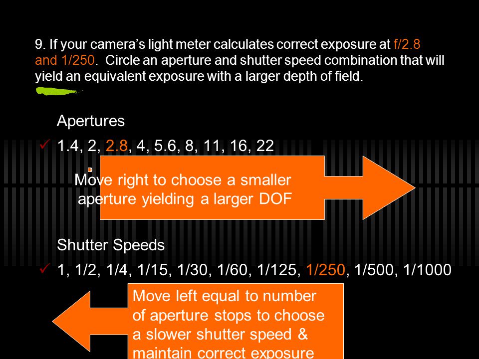9. If your camera’s light meter calculates correct exposure at f/2.8 and 1/250.