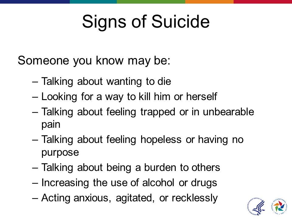 Signs of Suicide Someone you know may be: –Talking about wanting to die –Looking for a way to kill him or herself –Talking about feeling trapped or in unbearable pain –Talking about feeling hopeless or having no purpose –Talking about being a burden to others –Increasing the use of alcohol or drugs –Acting anxious, agitated, or recklessly