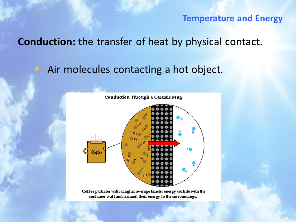 Conduction: the transfer of heat by physical contact.