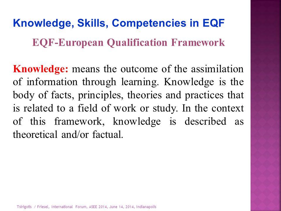 Knowledge, Skills, Competencies in EQF EQF-European Qualification Framework Knowledge: means the outcome of the assimilation of information through learning.